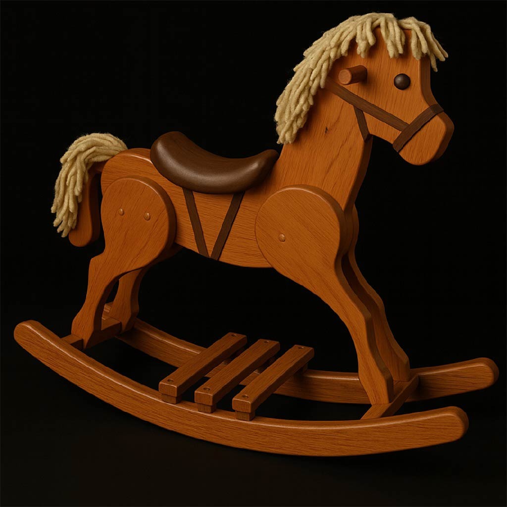 Rocking Horse 34 in high x 46 in long with Purple Heart inlay saddle and bridal, and yarn for mane and tail (by Robin)